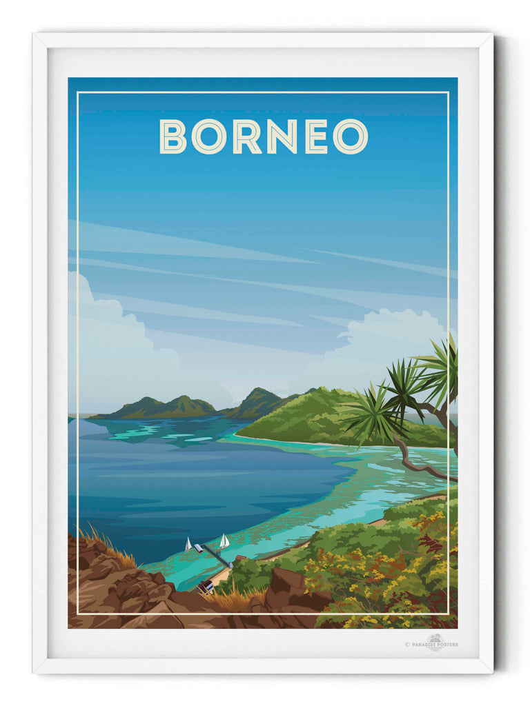 Borneo Travel Poster Print bedroom art blue green artwork borneo poster coastal wall art exotic travel poster framed gift for travellers holiday decor housewarming gift living room decor Malaysia nature wall decor new office wall print paradise poster sea and island art tropical travel print vintage travel art
