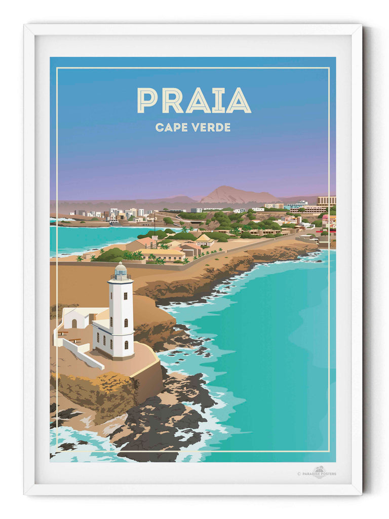 Praia Cape Verde Travel Poster Print beach decor bedroom wall art birthday present calming wall art cape verde cape verde art coastal wall art framed gift idea housewarming gift lighthouse print living room art minimalist decor modern art print new office decor pastel colour art praia cape verde travel poster print praia poster sea view poster travel home decor travel poster turquoise sea with pastel blue and lavender sky