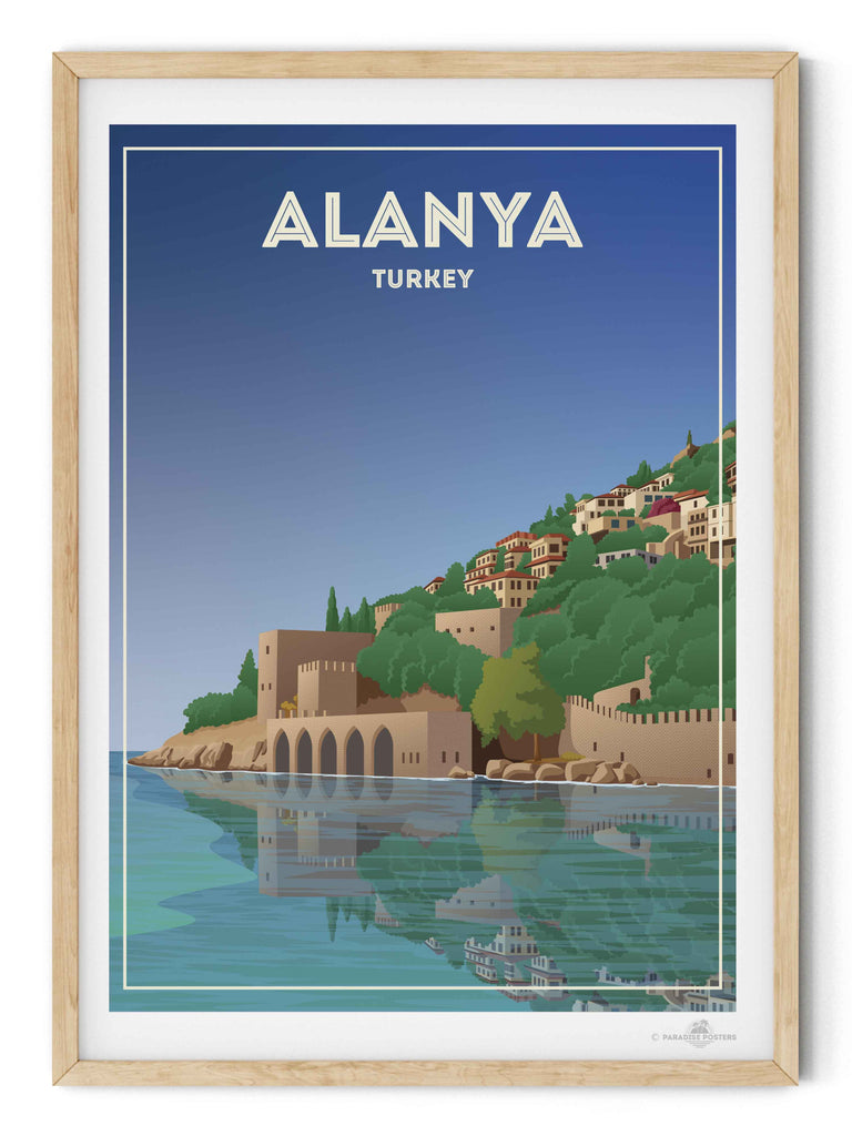 Alanya Castle Paradise Posters Travel Poster Print architecture blue castle coast fortress framed greenery hillside historic houses mediterranean new reflection sea shoreline sky towers Turkey walls water