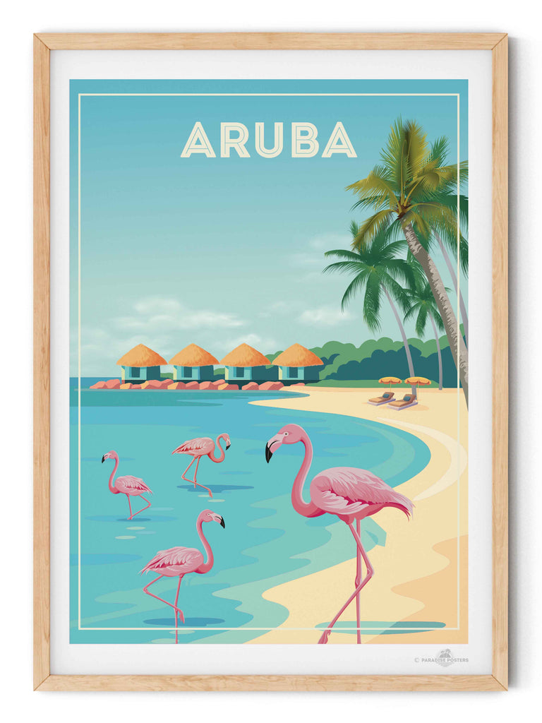 Aruba Travel Poster Print aruba Caribbean coast exotic flamingos framed huts lagoon new ocean palm paradise resort sand shoreline sunbeds trees tropical umbrellas water