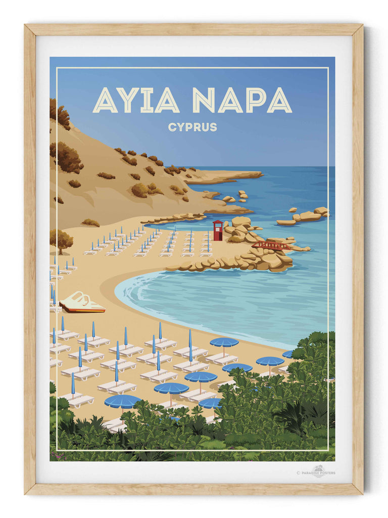 Ayia Napa Cyprus Travel Poster Print ayia bay beach cliffs coast framed greenery hut lifeguard napa new ocean resort rocks sand sea shoreline summer sunbeds umbrellas
