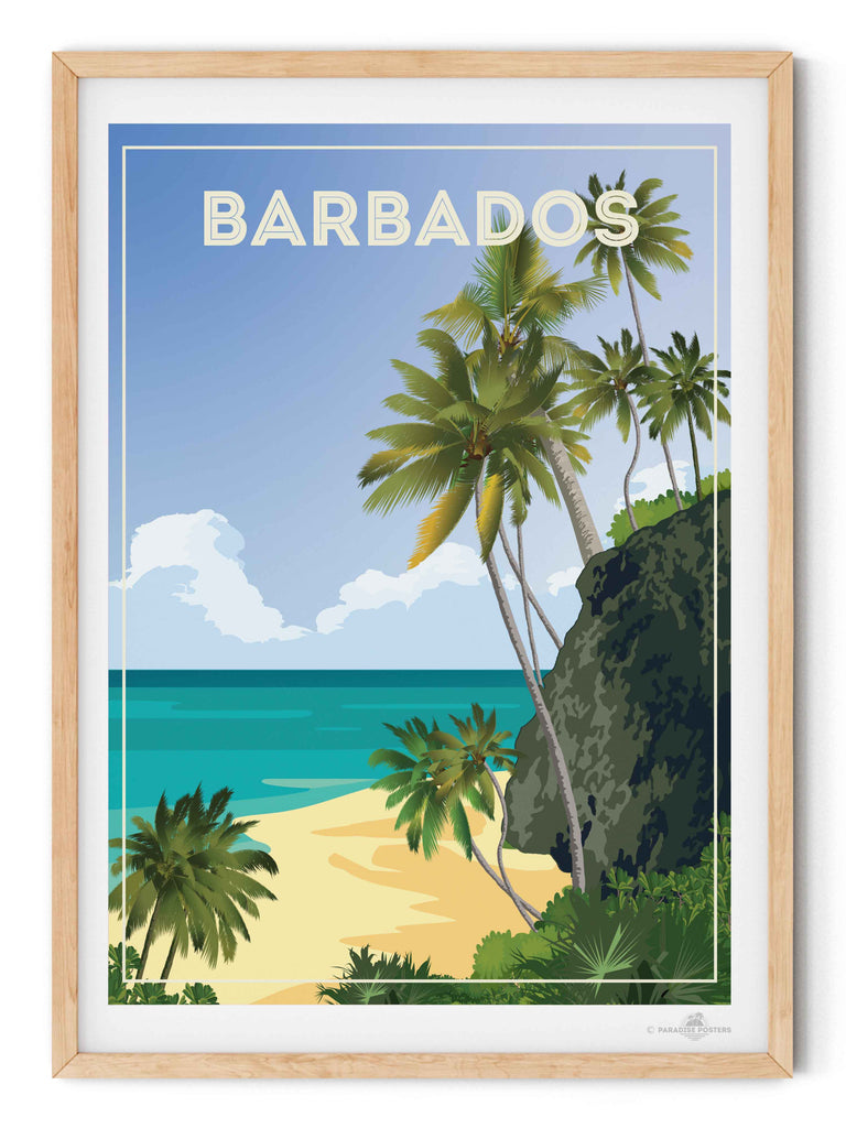 Barbados Travel Poster Print beach cliff clouds coast exotic framed greenery horizon jungle new ocean palm paradise sand sea shoreline sky trees tropical