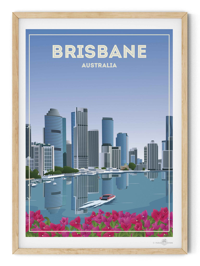 Brisbane Australia Travel Poster Print architecture blue boat brisbane buildings cityscape flowers framed modern new pink reflection river skyline skylineview skyscrapers tropical urban waterfront