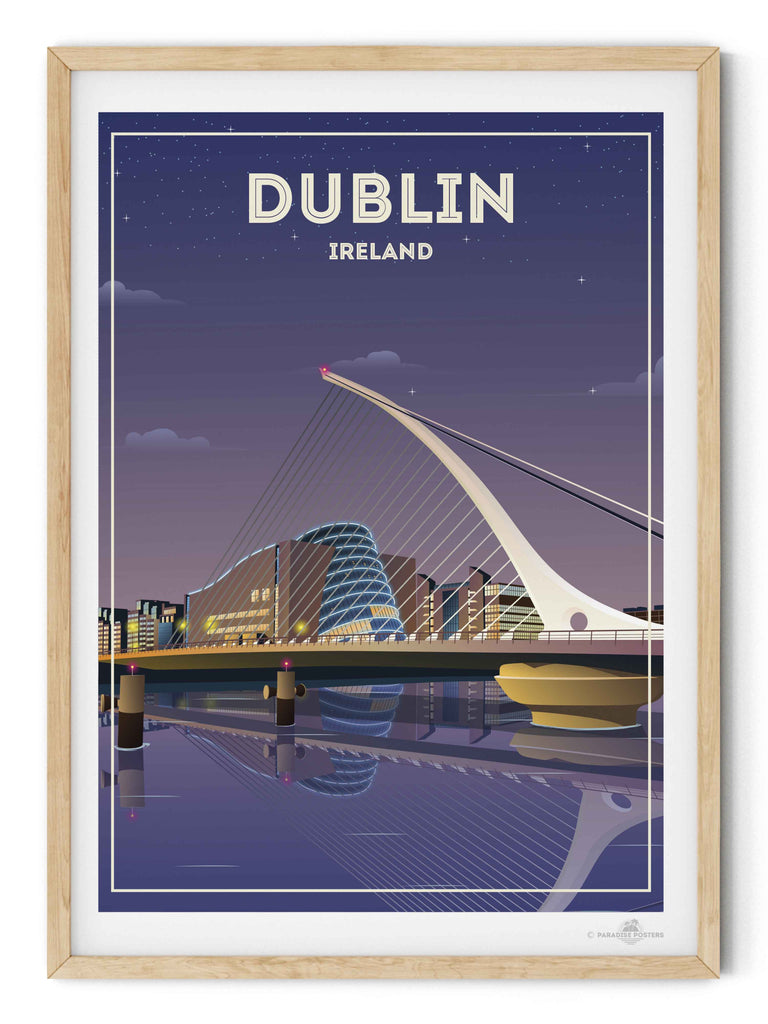 Dublin Ireland Travel Poster Print architecture bridge cables cityscape dublin evening framed illuminated ireland landmark lights modern new night reflection river skyline stars urban waterfront