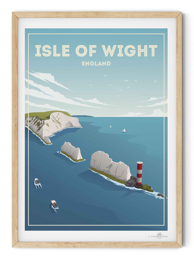 Isle of Wight England Travel Poster Print birds boats cliffs clouds coast coastline England framed headland isle lighthouse nature nautical new ocean rocks sea sky United Kingdom water waves wight