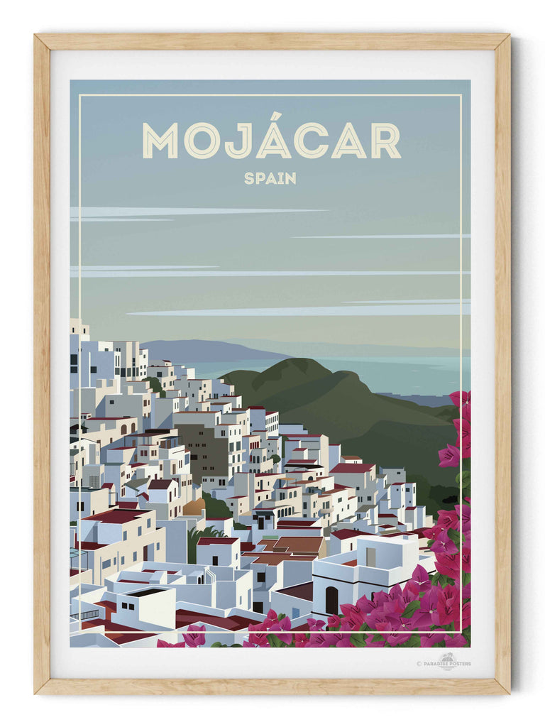 Mojácar Spain Travel Poster Print architecture bougainvillea coastal flowers framed hillside houses mediterranean mojacar mountains new pink rooftops scenic sky sunlight town village white