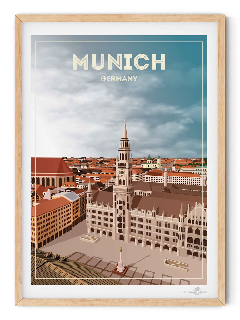 Munich Germany Travel Poster Print aerial architecture buildings cathedral cityscape clocktower clouds Europe european framed Germany historic landmark munich new old plaza rooftops skyline spire square tower