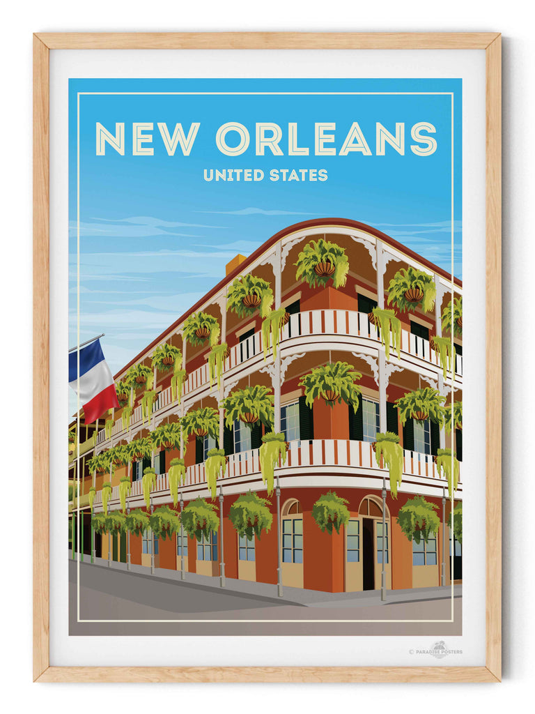 New Orleans United States Travel Poster Print architecture balcony building cityscape colonial corner ferns flag framed french historic new orleans plants quarter railings shutters street United States vintage windows
