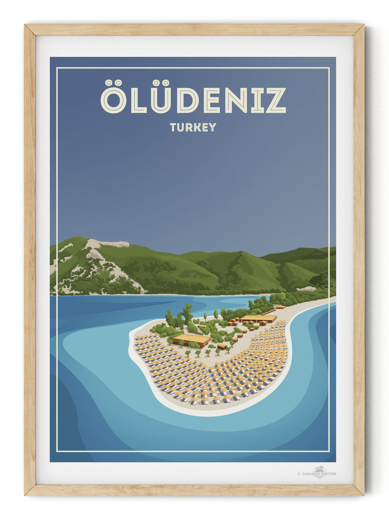 Oludeniz Turkey Travel Poster Print bay beach coastline framed greenery hills lagoon mountains new ocean oludeniz resort sand sea shoreline sunbeds tropical umbrellas water