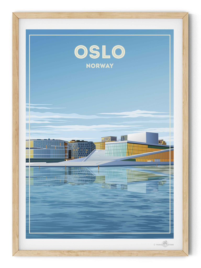 Oslo Norway Travel Poster Print architecture blue buildings cityscape contemporary framed glass harbour house modern new Norway opera oslo reflection sky skyline urban water waterfront