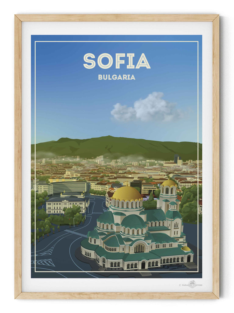 Sofia Bulgaria Travel Poster Print architecture bulgaria capital cathedral church cityscape clouds domes Europe framed gold green hills historic landmark mountains new orthodox skyline sofia square