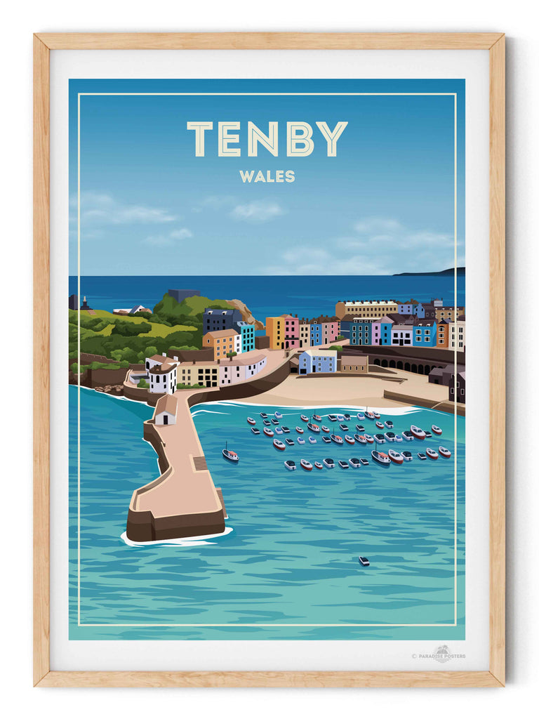 Tenby Wales Travel Poster Print boats buildings cliffs coastline colourful framed harbour headland houses marina new ocean pier sea seaside sky tenby town Wales water