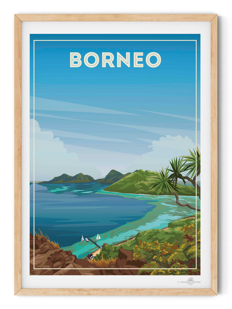 Borneo Travel Poster Print bedroom art blue green artwork borneo poster coastal wall art exotic travel poster framed gift for travellers holiday decor housewarming gift living room decor Malaysia nature wall decor new office wall print paradise poster sea and island art tropical travel print vintage travel art