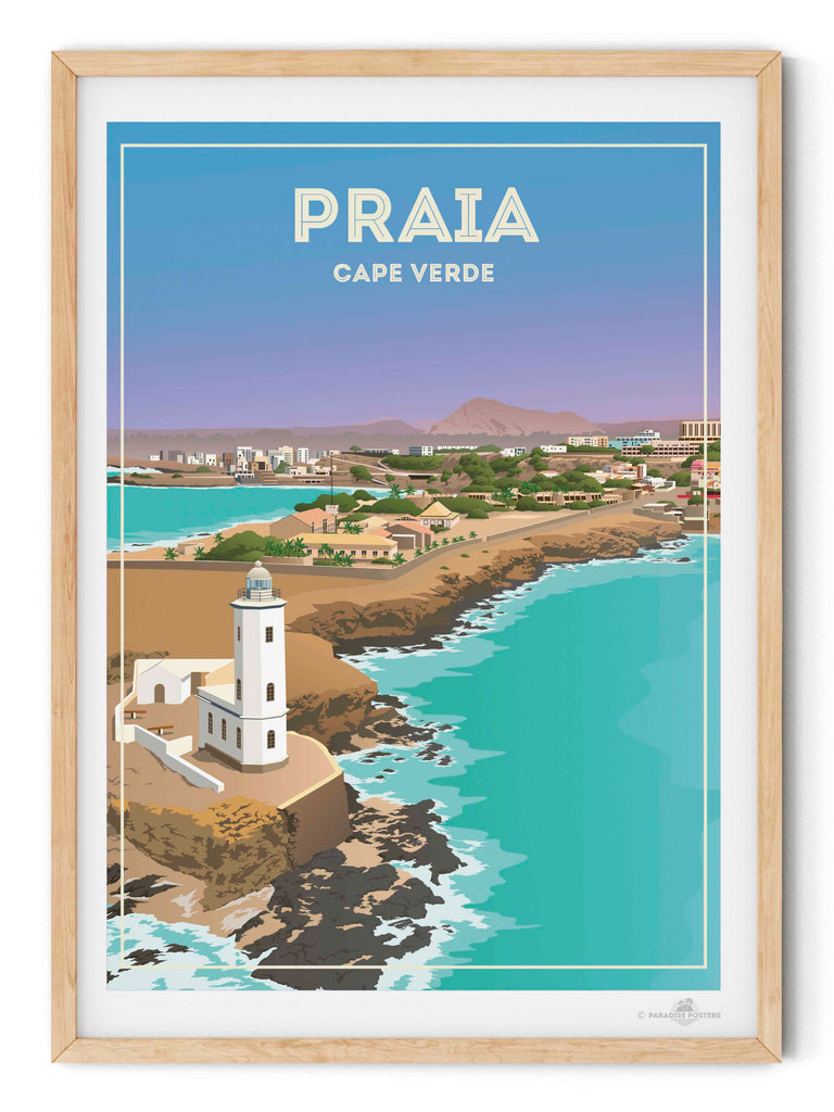 Praia Cape Verde Travel Poster Print beach decor bedroom wall art birthday present calming wall art cape verde cape verde art coastal wall art framed gift idea housewarming gift lighthouse print living room art minimalist decor modern art print new office decor pastel colour art praia cape verde travel poster print praia poster sea view poster travel home decor travel poster turquoise sea with pastel blue and lavender sky