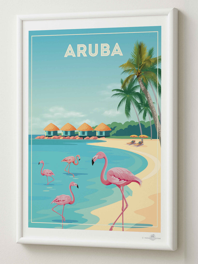 Aruba Travel Poster Print aruba Caribbean coast exotic flamingos framed huts lagoon new ocean palm paradise resort sand shoreline sunbeds trees tropical umbrellas water