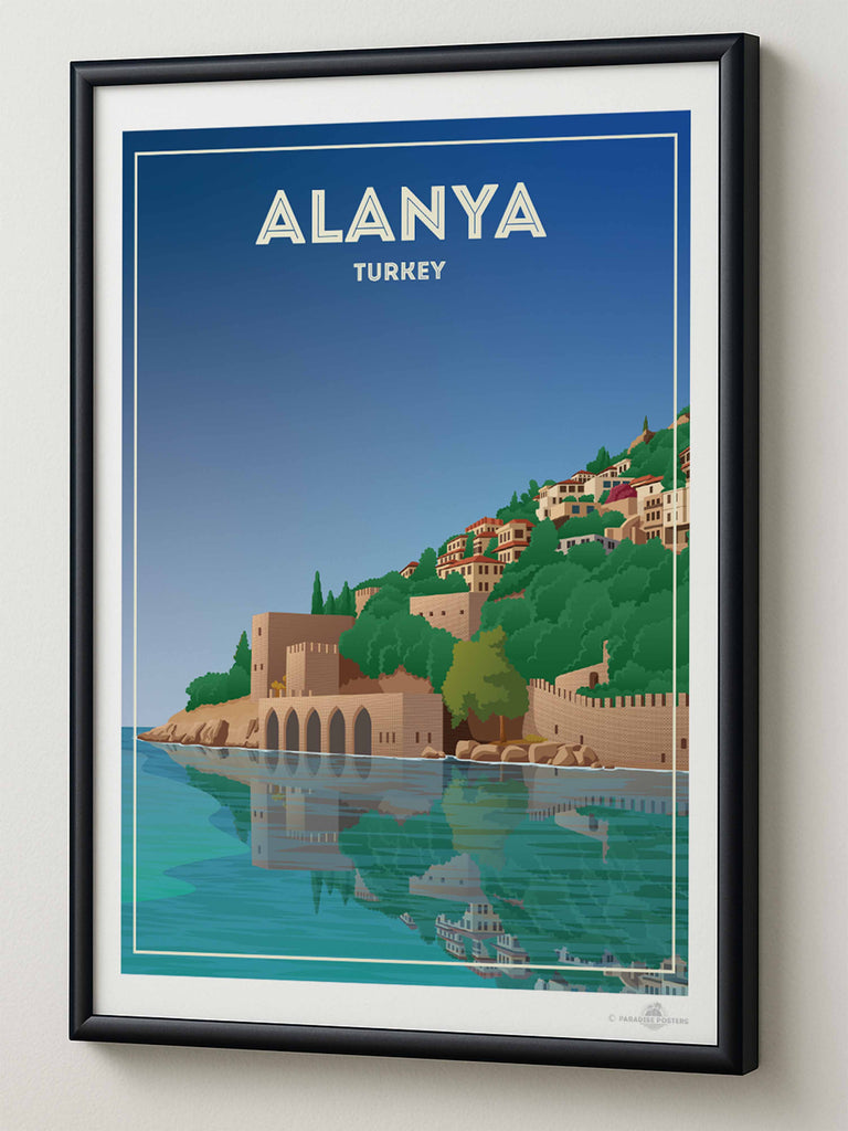 Alanya Castle Paradise Posters Travel Poster Print architecture blue castle coast fortress framed greenery hillside historic houses mediterranean new reflection sea shoreline sky towers Turkey walls water