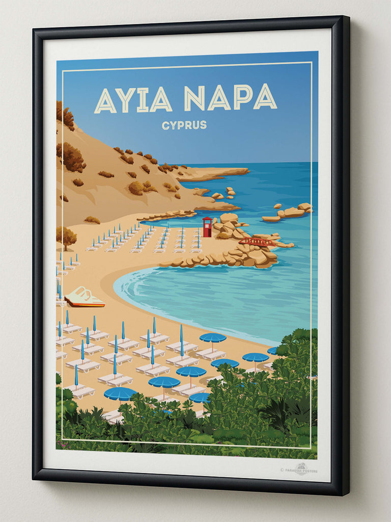 Ayia Napa Cyprus Travel Poster Print ayia bay beach cliffs coast framed greenery hut lifeguard napa new ocean resort rocks sand sea shoreline summer sunbeds umbrellas