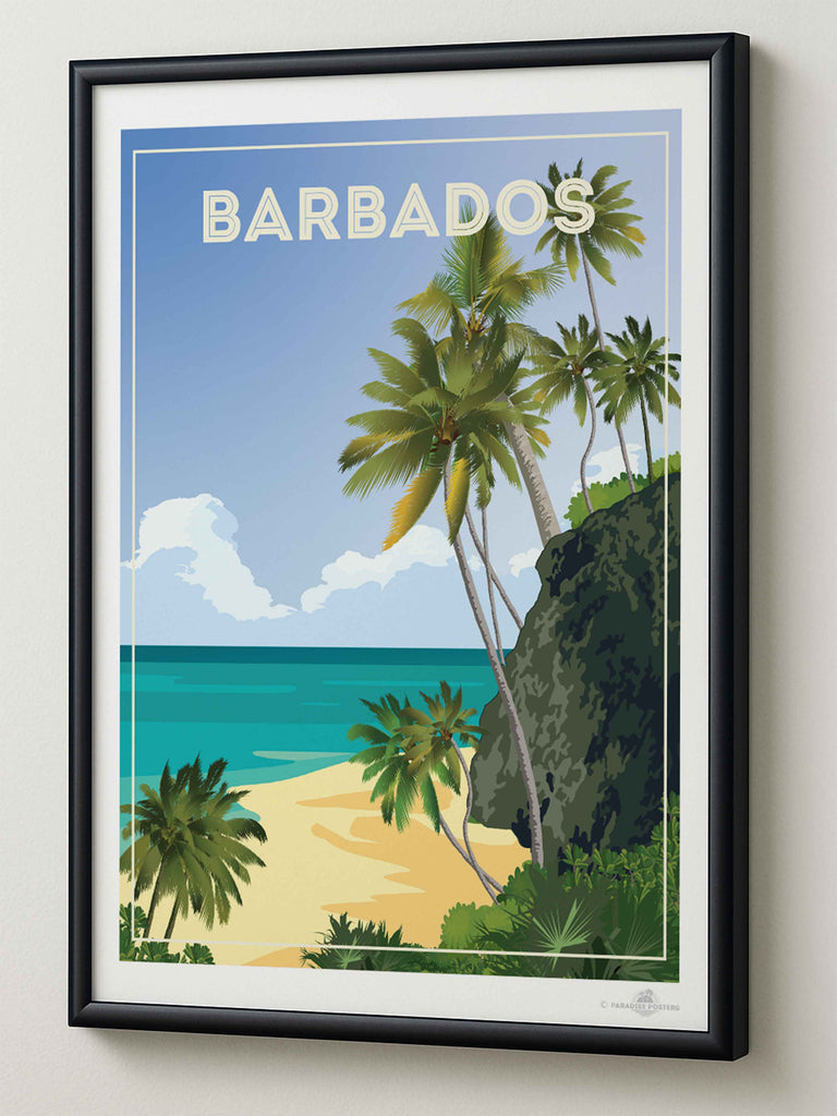 Barbados Travel Poster Print beach cliff clouds coast exotic framed greenery horizon jungle new ocean palm paradise sand sea shoreline sky trees tropical