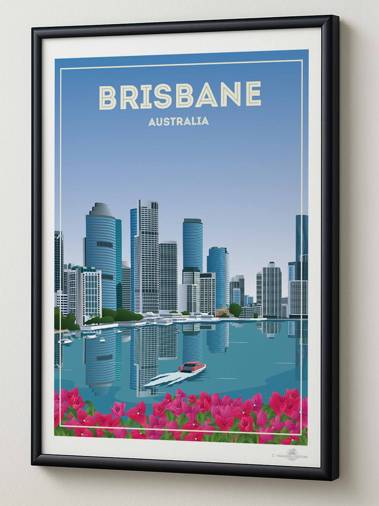 Brisbane Australia Travel Poster Print architecture blue boat brisbane buildings cityscape flowers framed modern new pink reflection river skyline skylineview skyscrapers tropical urban waterfront