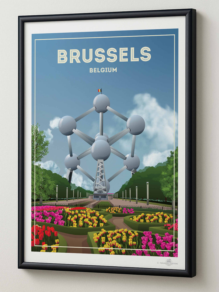 Brussels Belgium Travel Poster Print architecture atomium Belgium brussels clouds Europe flowers framed gardens iconic landmark modern monument new park sculpture sky spheres structure tourism trees tulips