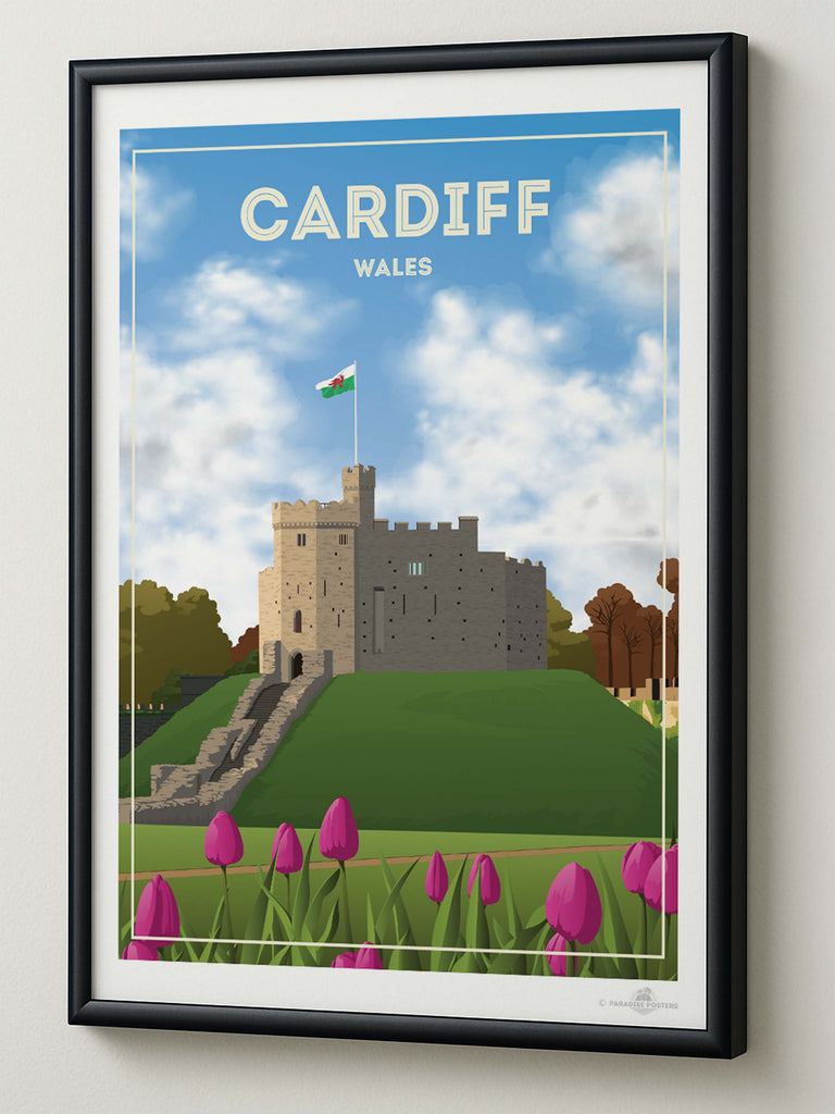 Cardiff Wales Travel Poster Print architecture cardiff castle clouds flag flowers fortress framed grass heritage hill historic landmark medieval new sky stone tower tulips welsh