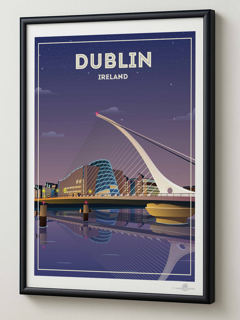 Dublin Ireland Travel Poster Print architecture bridge cables cityscape dublin evening framed illuminated ireland landmark lights modern new night reflection river skyline stars urban waterfront