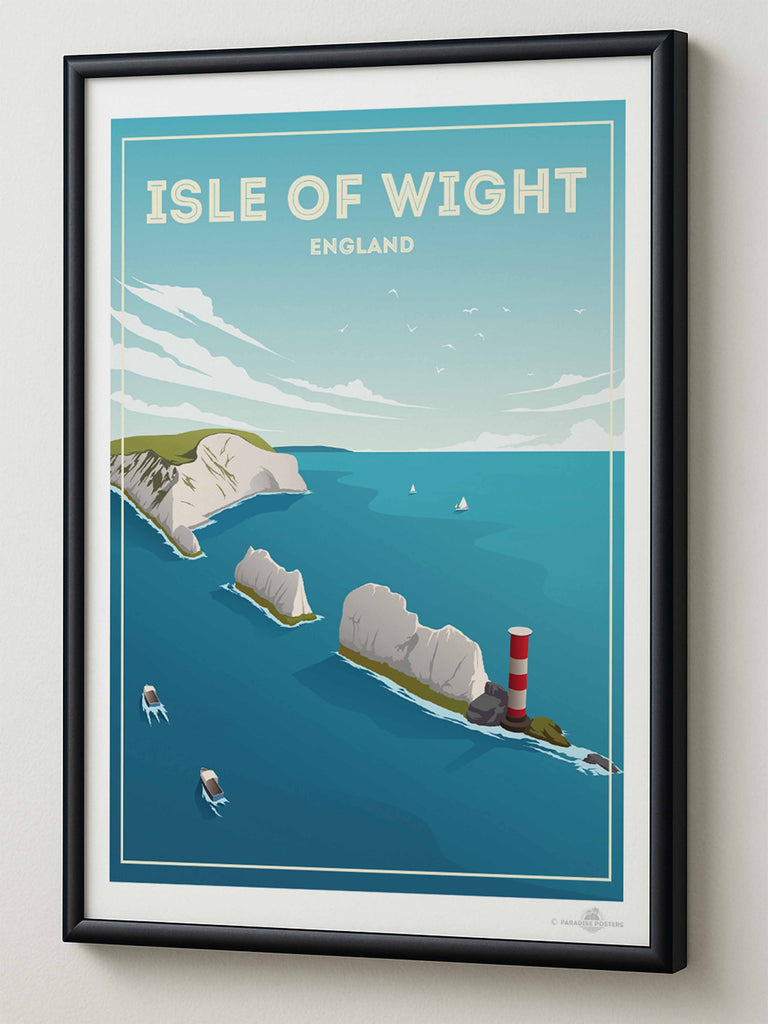 Isle of Wight England Travel Poster Print birds boats cliffs clouds coast coastline England framed headland isle lighthouse nature nautical new ocean rocks sea sky United Kingdom water waves wight
