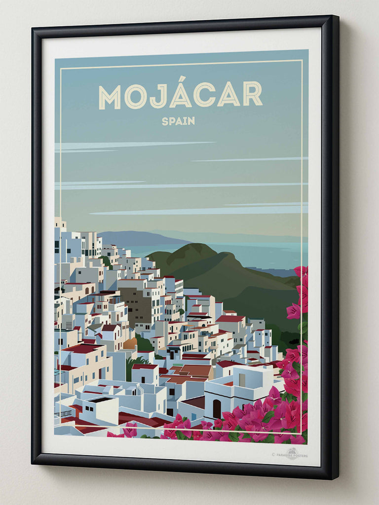 Mojácar Spain Travel Poster Print architecture bougainvillea coastal flowers framed hillside houses mediterranean mojacar mountains new pink rooftops scenic sky sunlight town village white
