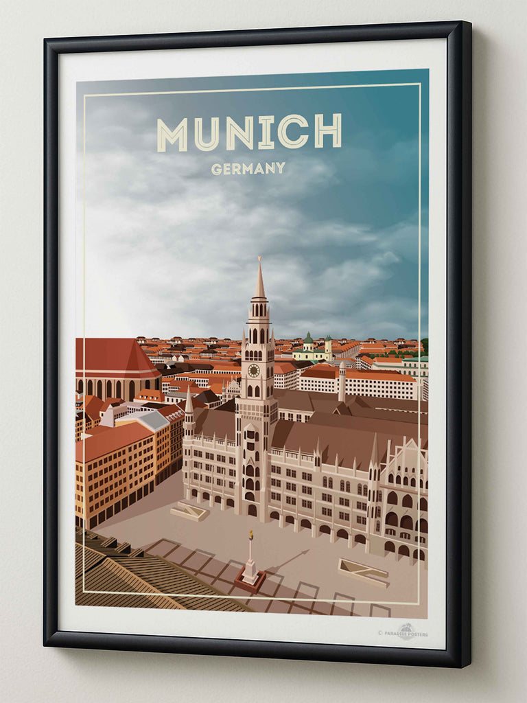 Munich Germany Travel Poster Print aerial architecture buildings cathedral cityscape clocktower clouds Europe european framed Germany historic landmark munich new old plaza rooftops skyline spire square tower