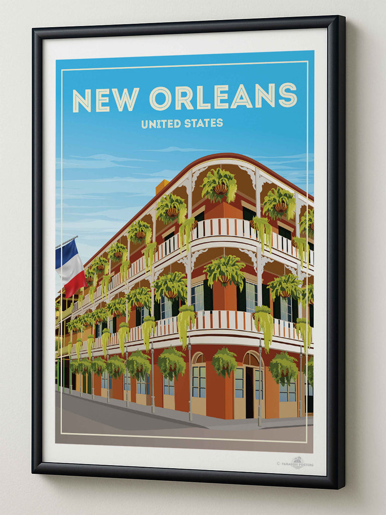 New Orleans United States Travel Poster Print architecture balcony building cityscape colonial corner ferns flag framed french historic new orleans plants quarter railings shutters street United States vintage windows