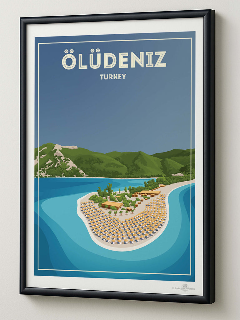 Oludeniz Turkey Travel Poster Print bay beach coastline framed greenery hills lagoon mountains new ocean oludeniz resort sand sea shoreline sunbeds tropical umbrellas water
