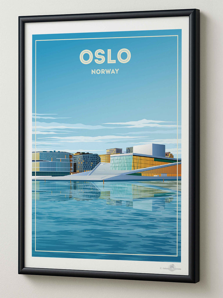 Oslo Norway Travel Poster Print architecture blue buildings cityscape contemporary framed glass harbour house modern new Norway opera oslo reflection sky skyline urban water waterfront