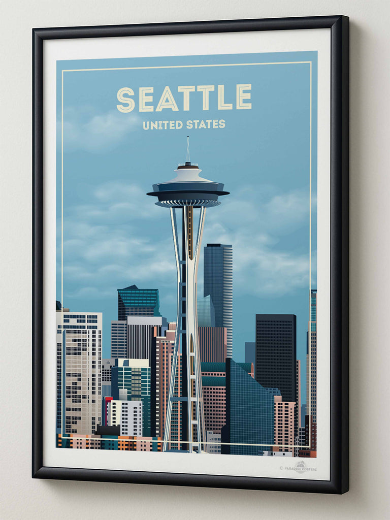Seattle United States Travel Poster Print architecture buildings cityscape clouds downtown framed landmark metropolitan modern new seattle sky skyline skyscrapers spaceneedle states tower united urban usa