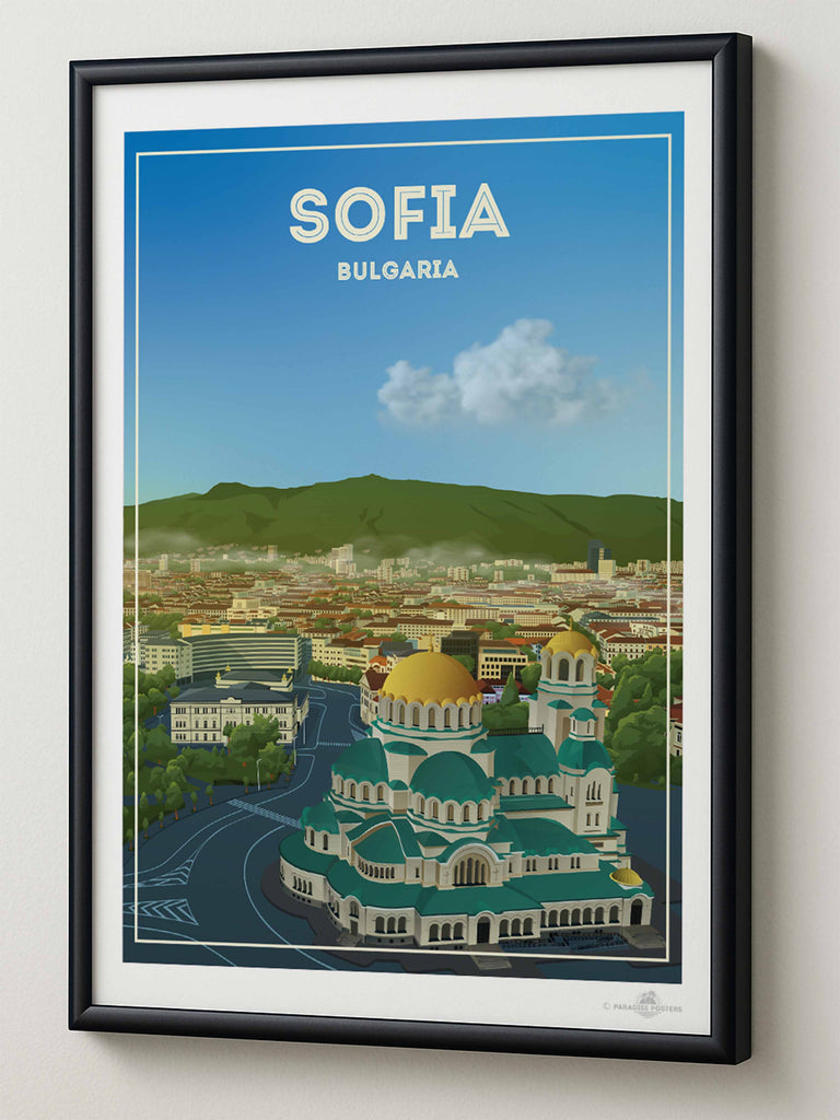 Sofia Bulgaria Travel Poster Print architecture bulgaria capital cathedral church cityscape clouds domes Europe framed gold green hills historic landmark mountains new orthodox skyline sofia square