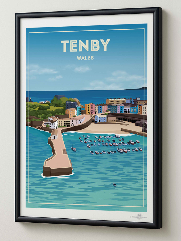 Tenby Wales Travel Poster Print boats buildings cliffs coastline colourful framed harbour headland houses marina new ocean pier sea seaside sky tenby town Wales water
