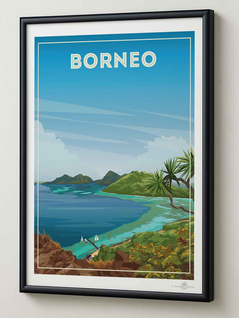 Borneo Travel Poster Print bedroom art blue green artwork borneo poster coastal wall art exotic travel poster framed gift for travellers holiday decor housewarming gift living room decor Malaysia nature wall decor new office wall print paradise poster sea and island art tropical travel print vintage travel art