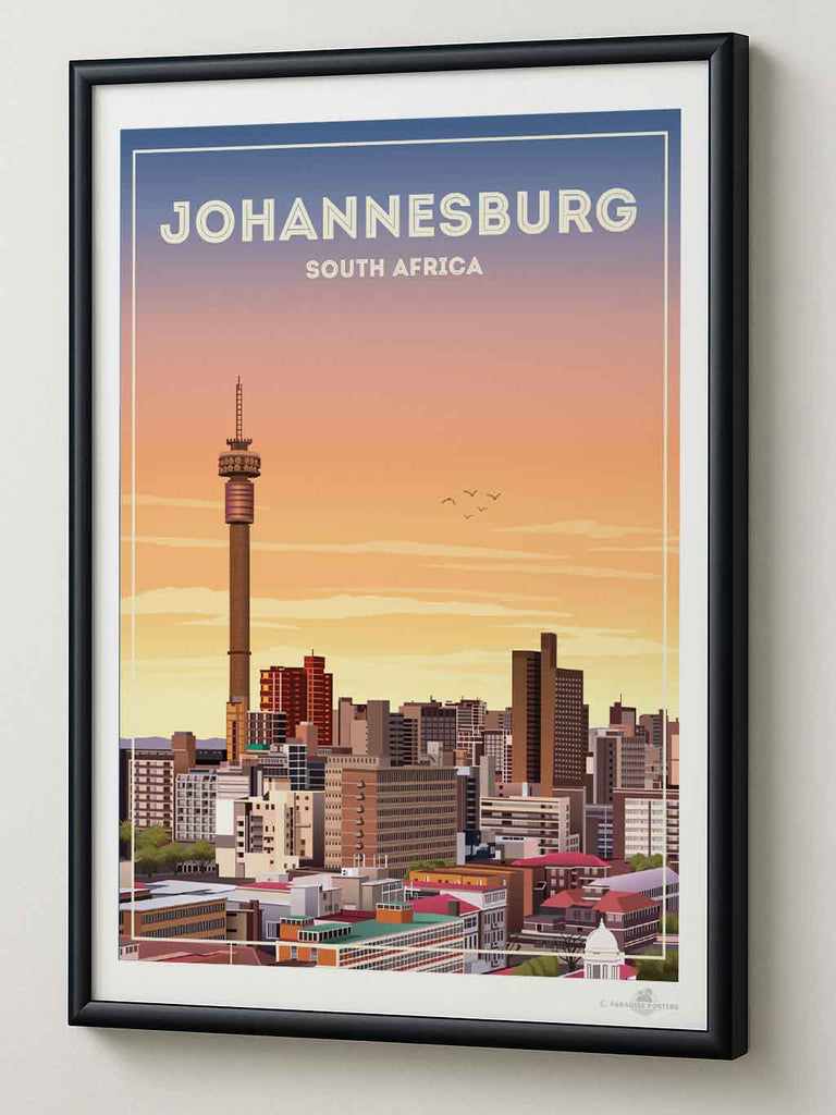 Johannesburg South Africa Travel Poster Print architecture bedroom wall art birthday gift bougainvillea cityscape wall art coastal contemporary art flowers framed hillside houses housewarming gift johannesburg poster living room art mediterranean modern illustration mojacar mountains new office decor pink premium art print rooftops scenic sky South Africa south africa print sunlight sunset skyline art town travel poster travel wall art urban decor village white world cities poster