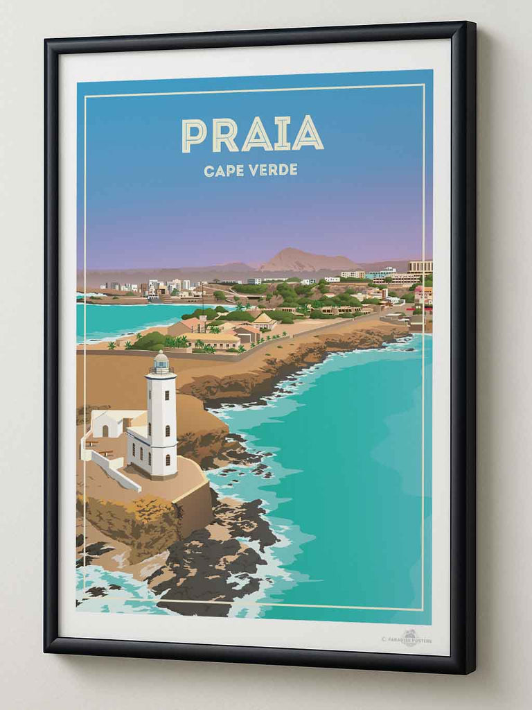 Praia Cape Verde Travel Poster Print beach decor bedroom wall art birthday present calming wall art cape verde cape verde art coastal wall art framed gift idea housewarming gift lighthouse print living room art minimalist decor modern art print new office decor pastel colour art praia cape verde travel poster print praia poster sea view poster travel home decor travel poster turquoise sea with pastel blue and lavender sky