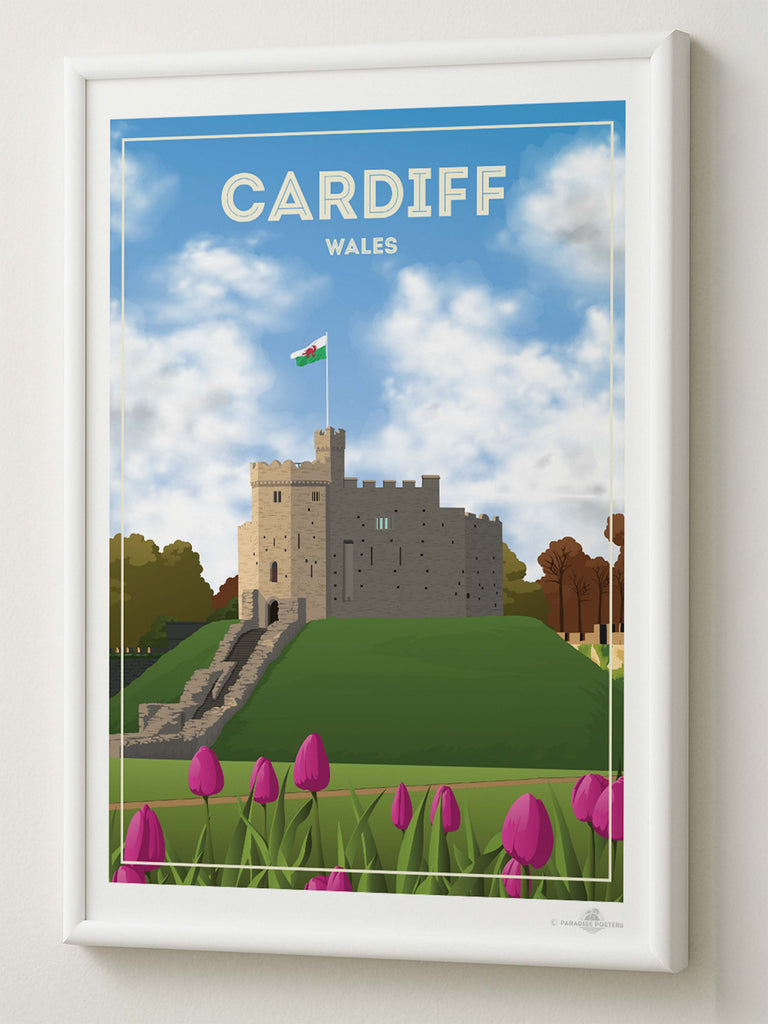 Cardiff Wales Travel Poster Print architecture cardiff castle clouds flag flowers fortress framed grass heritage hill historic landmark medieval new sky stone tower tulips welsh