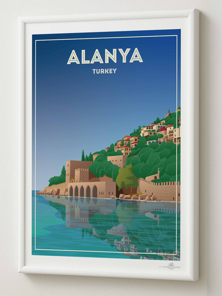Alanya Castle Paradise Posters Travel Poster Print architecture blue castle coast fortress framed greenery hillside historic houses mediterranean new reflection sea shoreline sky towers Turkey walls water