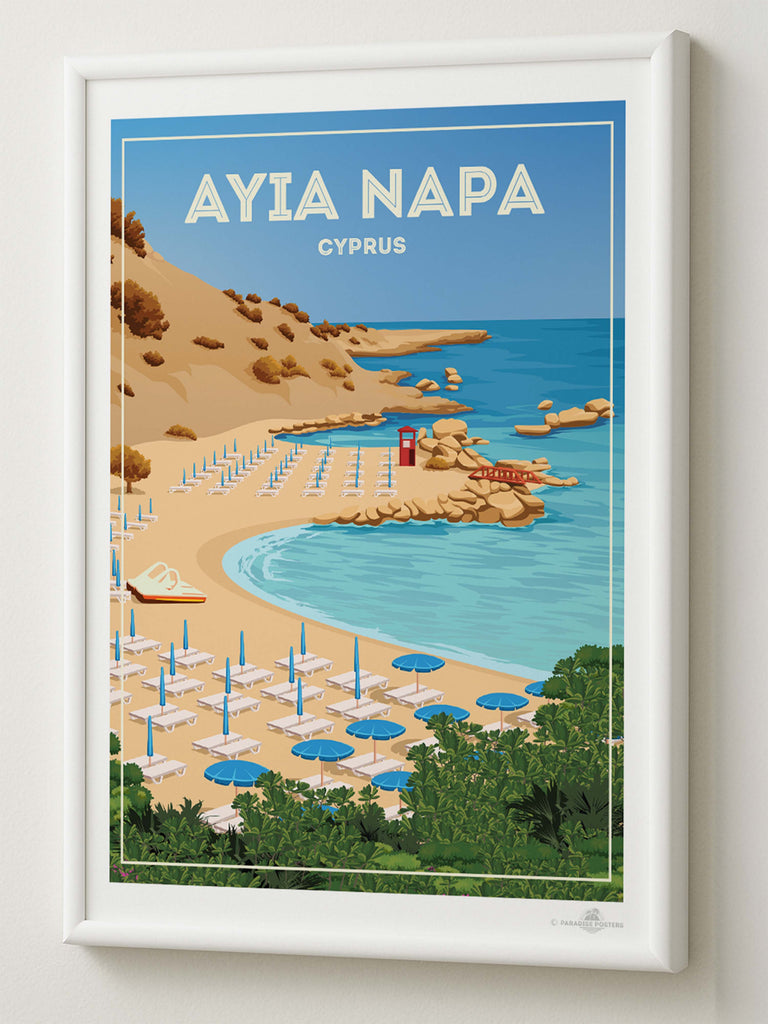Ayia Napa Cyprus Travel Poster Print ayia bay beach cliffs coast framed greenery hut lifeguard napa new ocean resort rocks sand sea shoreline summer sunbeds umbrellas