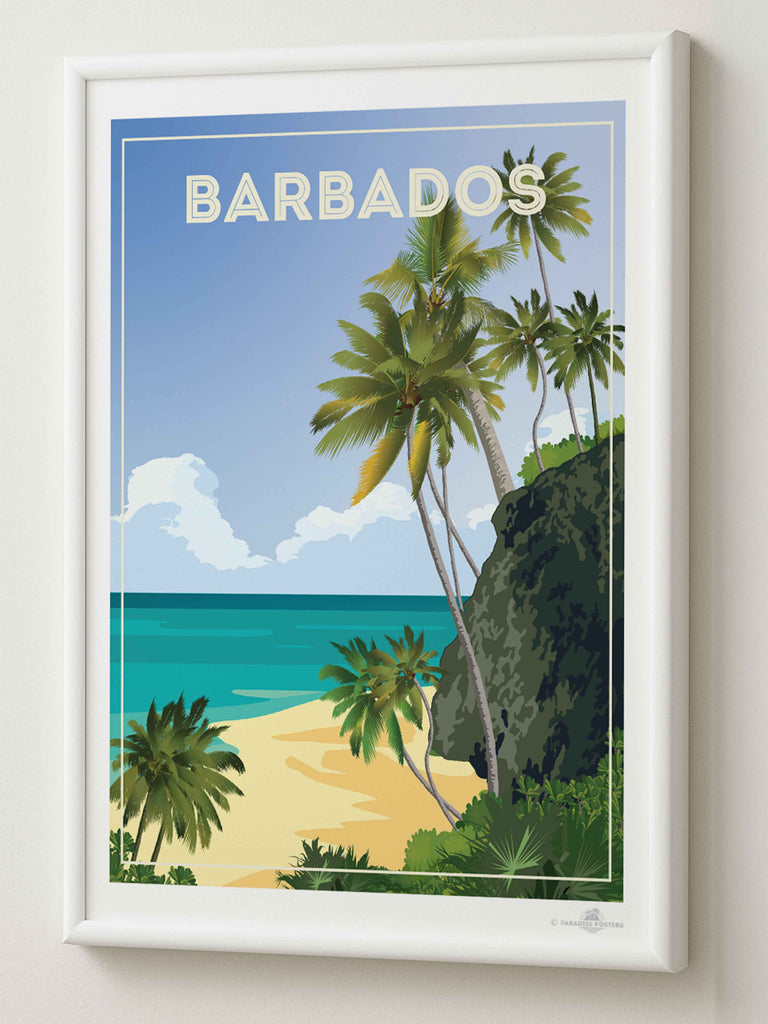 Barbados Travel Poster Print beach cliff clouds coast exotic framed greenery horizon jungle new ocean palm paradise sand sea shoreline sky trees tropical