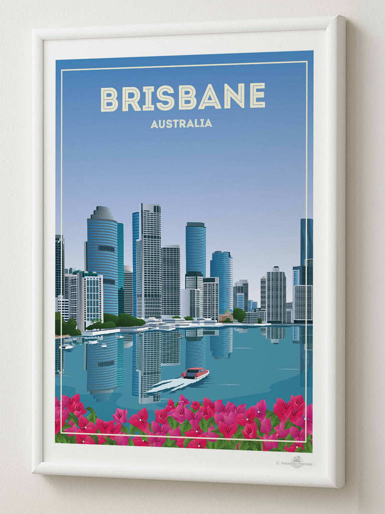 Brisbane Australia Travel Poster Print architecture blue boat brisbane buildings cityscape flowers framed modern new pink reflection river skyline skylineview skyscrapers tropical urban waterfront