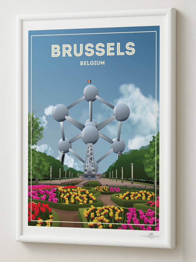 Brussels Belgium Travel Poster Print architecture atomium Belgium brussels clouds Europe flowers framed gardens iconic landmark modern monument new park sculpture sky spheres structure tourism trees tulips