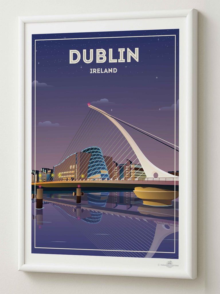 Dublin Ireland Travel Poster Print architecture bridge cables cityscape dublin evening framed illuminated ireland landmark lights modern new night reflection river skyline stars urban waterfront