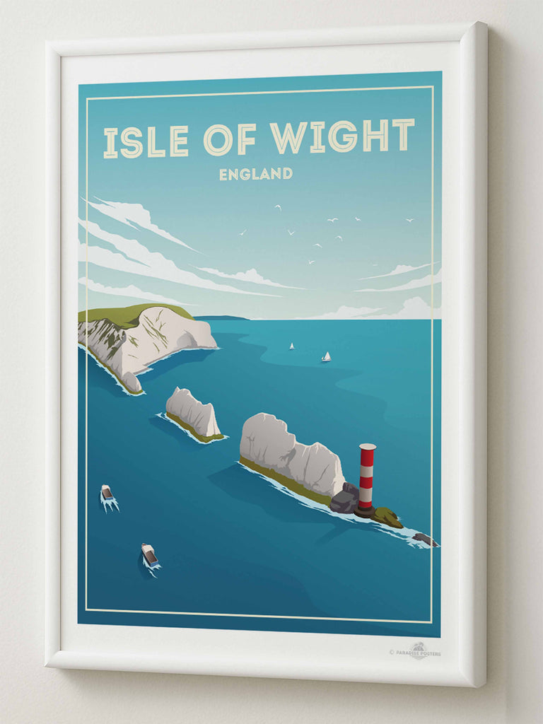 Isle of Wight England Travel Poster Print birds boats cliffs clouds coast coastline England framed headland isle lighthouse nature nautical new ocean rocks sea sky United Kingdom water waves wight