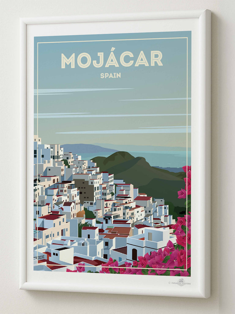 Mojácar Spain Travel Poster Print architecture bougainvillea coastal flowers framed hillside houses mediterranean mojacar mountains new pink rooftops scenic sky sunlight town village white