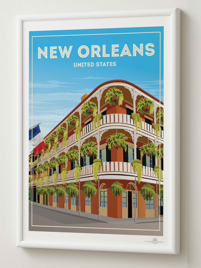 New Orleans United States Travel Poster Print architecture balcony building cityscape colonial corner ferns flag framed french historic new orleans plants quarter railings shutters street United States vintage windows