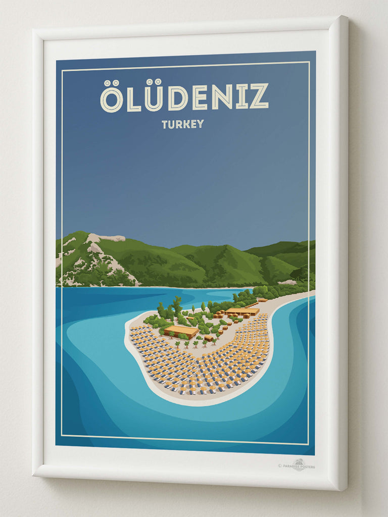 Oludeniz Turkey Travel Poster Print bay beach coastline framed greenery hills lagoon mountains new ocean oludeniz resort sand sea shoreline sunbeds tropical umbrellas water