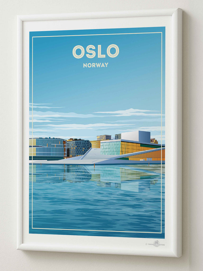 Oslo Norway Travel Poster Print architecture blue buildings cityscape contemporary framed glass harbour house modern new Norway opera oslo reflection sky skyline urban water waterfront
